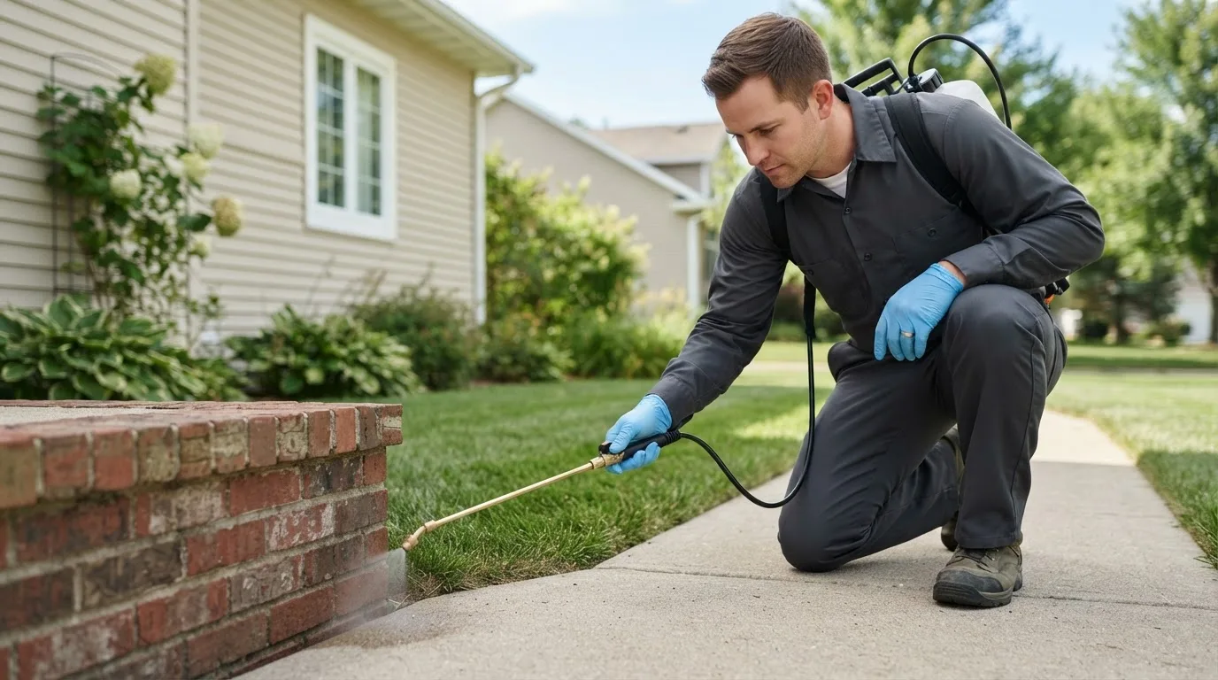 Pest control technician treating a home near Peoria Heights, IL