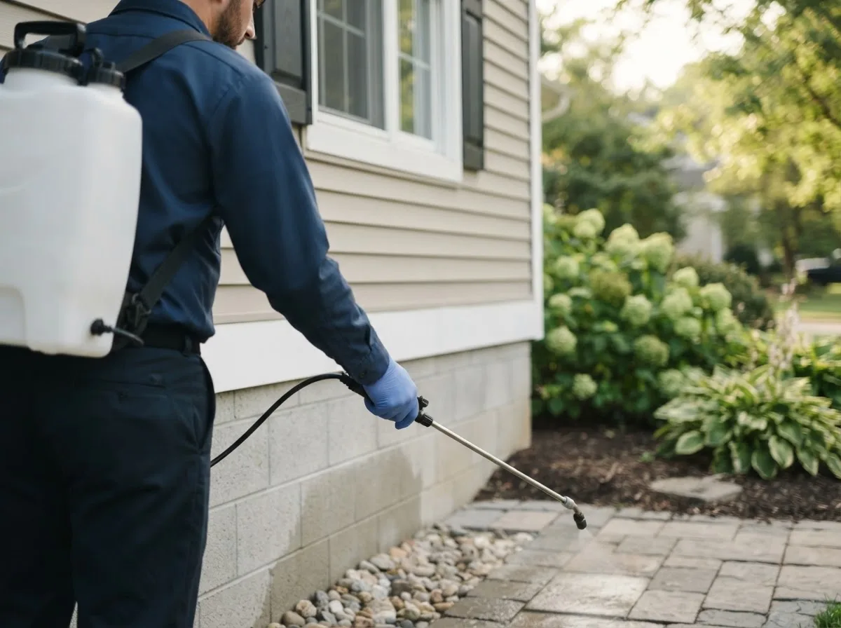 Pest control technician inspecting a home in Peoria Heights, IL